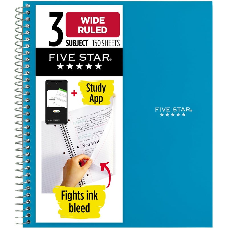 Five Star Spiral Notebook + Study App, 3 Subject, Wide Ruled Paper, 8" x 10-1/2", 150 Sheets, Fights Ink Bleed, Water Resistant Cover, Tidewater Blue (73184) - Image 1